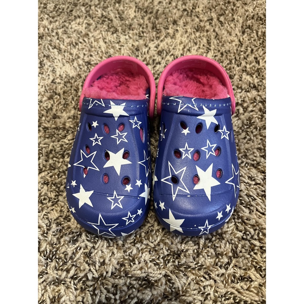 Girls Lined Clog Navy Blue White Stars Pink Fur Size 10C